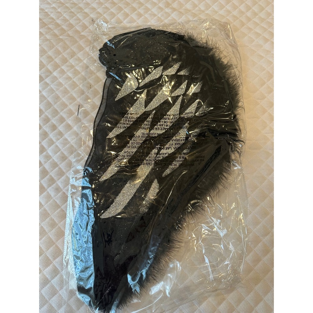 Black Glitter Angel Wings Costume Accessory Silver Sparkle Faux Fur Trim Gothic